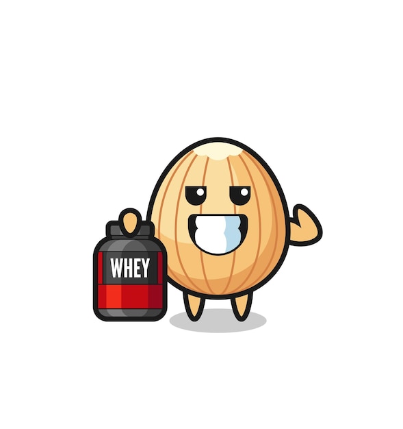 The muscular almond character is holding a protein supplement