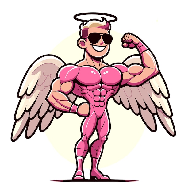 Muscular Angel Character Flexing with Wings and Sunglasses Illustration