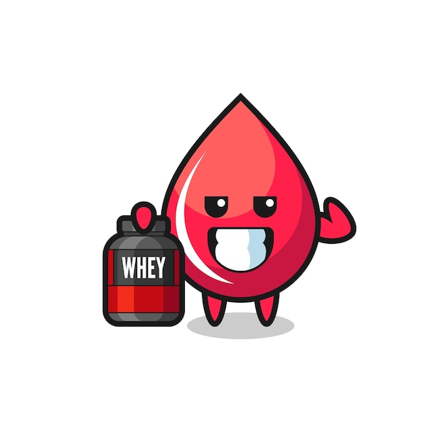 The muscular blood drop character is holding a protein supplement