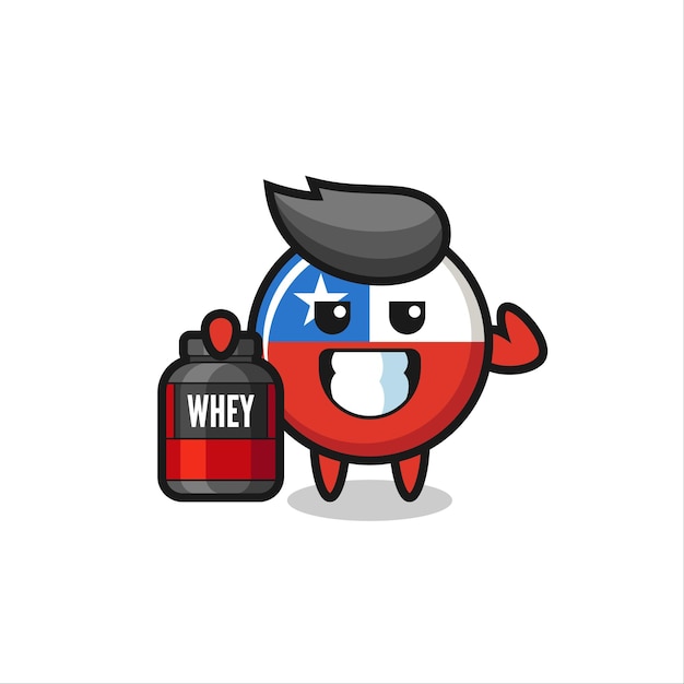 The muscular chile flag badge character is holding a protein supplement