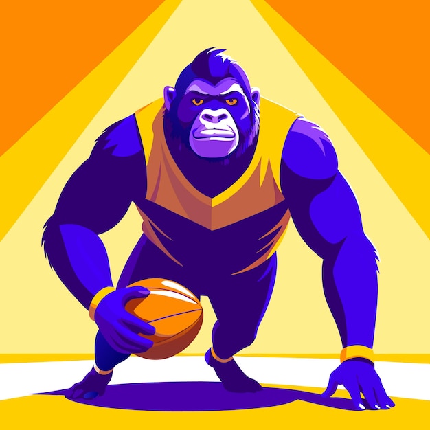 Vector a muscular gorilla in a yellow and black jersey is ready to play basketball holding a basketball in his hand