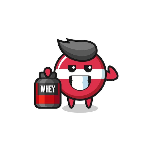 The muscular latvia flag badge character is holding a protein supplement