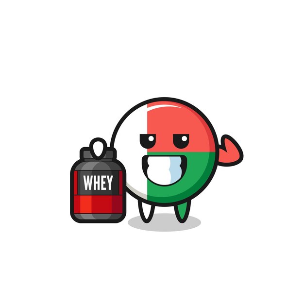 The muscular madagascar flag character is holding a protein supplement