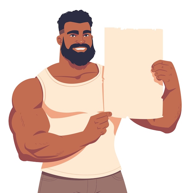 Muscular man smiling holding blank poster sign African American male fitness model