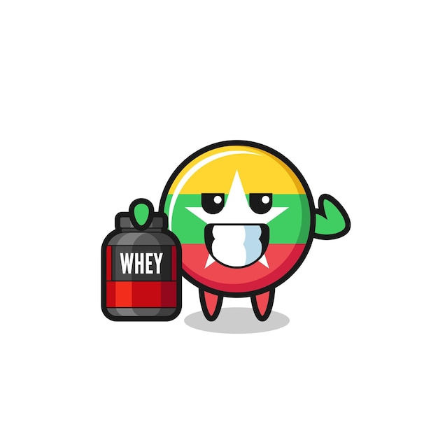 The muscular myanmar flag character is holding a protein supplement cute design