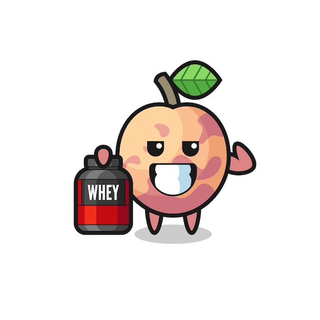 The muscular pluot fruit character is holding a protein supplement , cute style design for t shirt, sticker, logo element