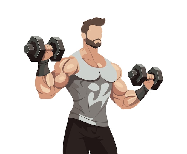 A muscular strong male bodybuilder dumbbells