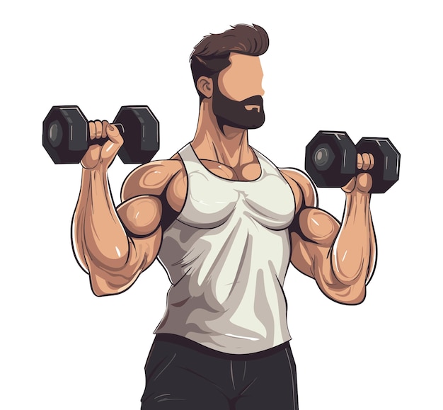 A muscular strong male bodybuilder dumbbells