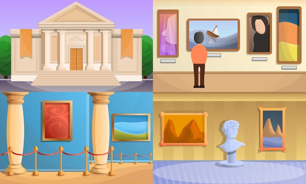 Museum illustration set, cartoon style