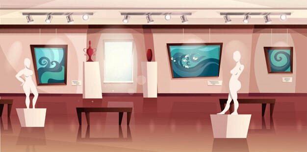 Vector museum  interior  with modern artworks on walls, sculptures, vases. art gallery with exhibition. cartoon  illustration.