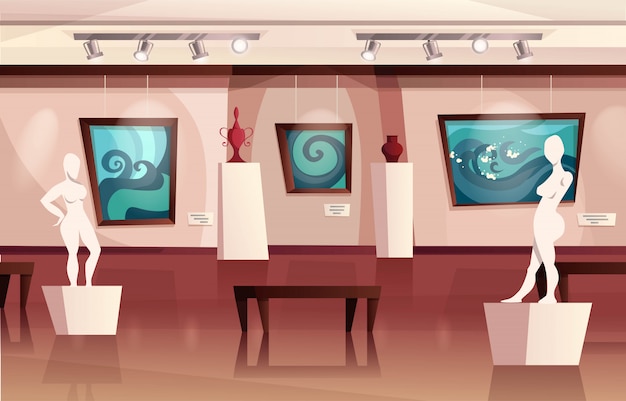 Vector museum  interior with modern artworks on walls, sculptures, vases. art gallery with exhibition. cartoon   illustration.