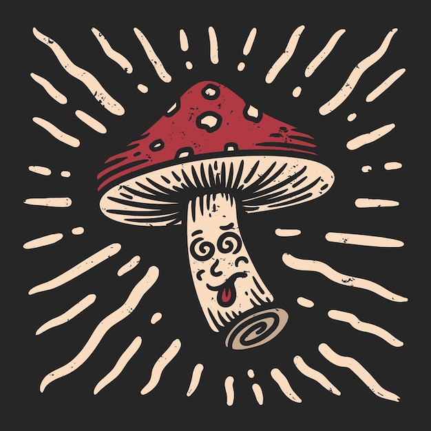 Mushroom character illustration with vintage style dizzy expression on black background