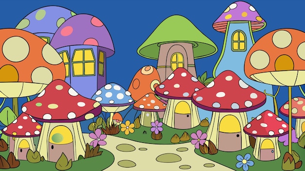 Vector mushroom forest village with lantern lights for fairies vector illustration kawaii