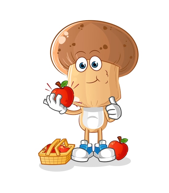 mushroom head cartoon eating an apple illustration. character vector