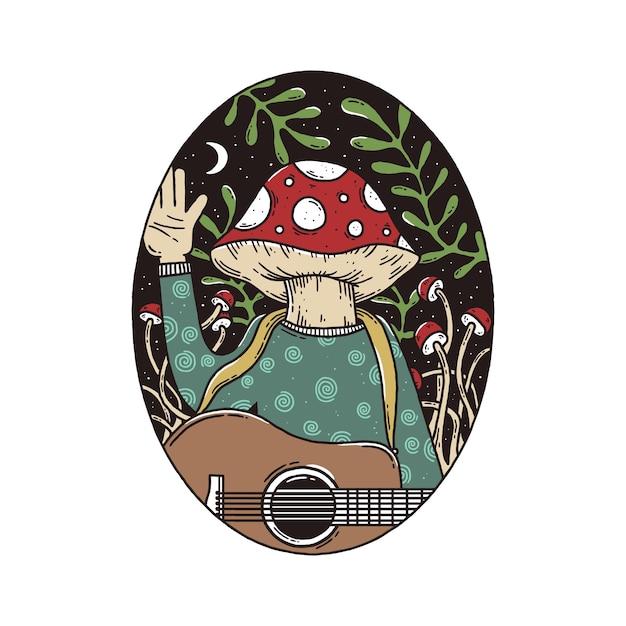 Mushroom head playing guitar in the night vector illustration