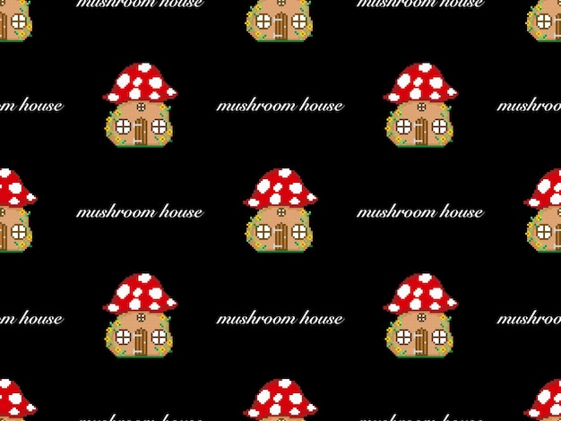 Mushroom house cartoon character seamless pattern on black background