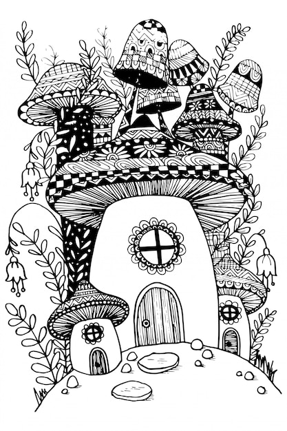 Mushroom House in Fairy Garden Illustration 