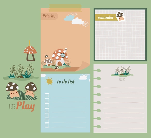 a mushroom house themed notes digital planners and stickers