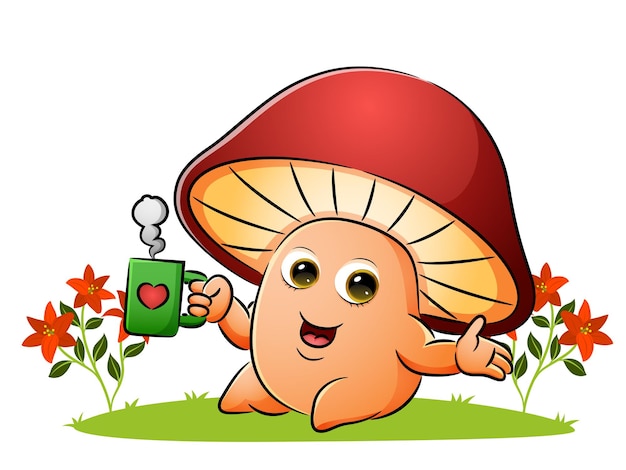 Vector the mushroom is enjoying a cup of coffee in the garden of illustration