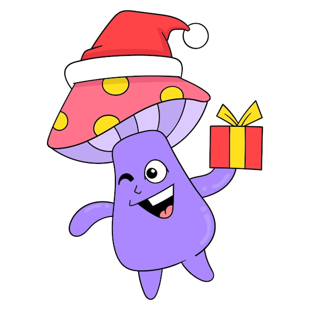 Mushroom monster is celebrating christmas and new year vector illustration art doodle icon image kawaii