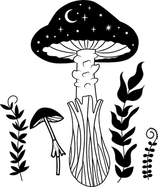 Mushroom Mushroom silhouette Mystical mushroom with moon and stars