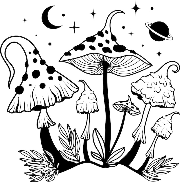 Mushroom Mushroom silhouette Mystical mushroom with moon and stars