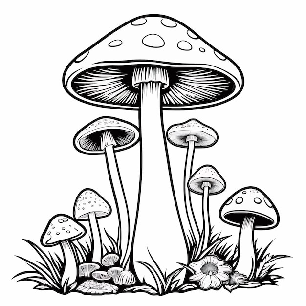 Mushroom outline coloring page illustration for children and adult