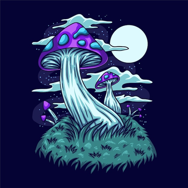 Mushroom purple sky night illustration