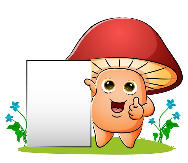 Vector the mushroom with the blank board is giving the thumb up of illustration