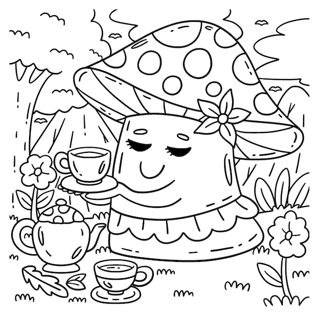 Mushroom with Tea Set Coloring Page for Kids