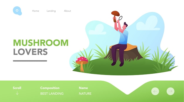 Mushroomer Character Spend Time Outdoors Landing Page Template. Happy Man Look on Mushroom Through Magnifying Glass in Forest, Walking, Fall Activity, Hobby. Cartoon People Vector Illustration