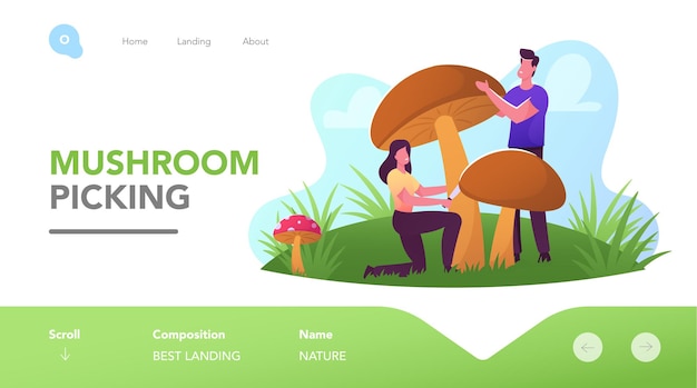 Mushroomer Hobby Landing Page Template. Happy Characters Pick Up Mushrooms in Forest, People Spend Time Outdoors. Autumn Season Activity, Walking in Wood Cutting Mushrooms. Cartoon Vector Illustration