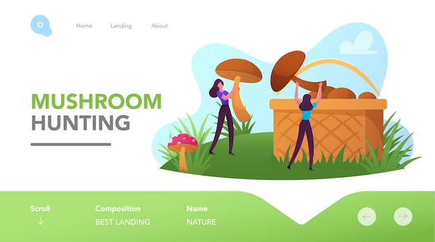 Mushroomers Pick Up Huge Mushrooms in Forest Landing Page Template. Tiny Characters Rest on Nature, Outdoor Activity. Women Relaxing in Countryside, Leisure, Hobby. Cartoon People Vector Illustration