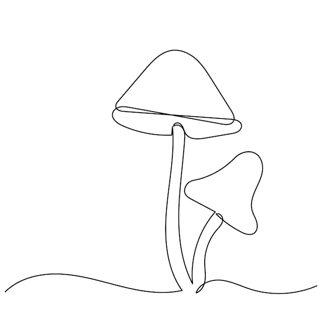 Mushrooms drawing by one continuous line isolated vector