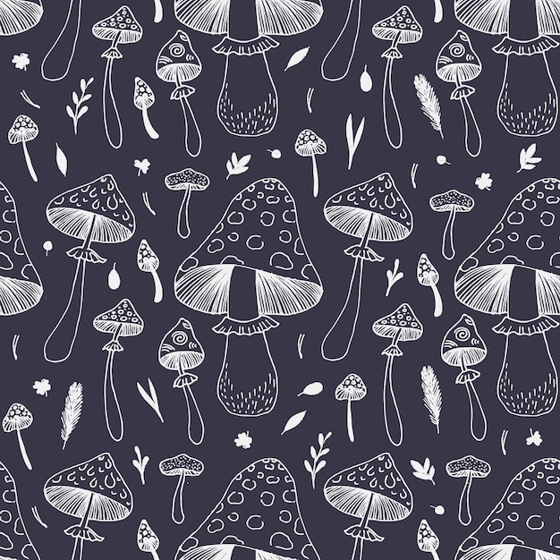 Mushrooms and forest leaves hand drawn seamless vector pattern