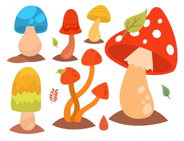 Mushrooms fungus agaric toadstool different art style design fungi vector illustration red hat