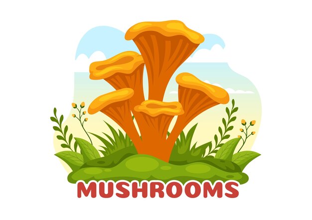 Mushrooms Illustration with Different Mushroom Grass and Insects in Flat Cartoon Hand Drawn Template