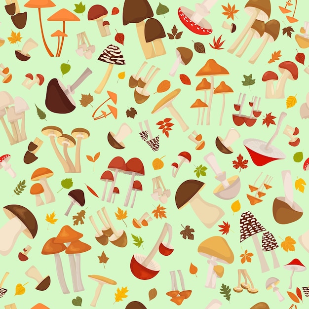 Mushrooms and leaves seamless autumn background vector