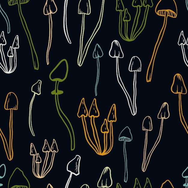 Vector mushrooms seamless pattern on an emerald background forest mushroom print in doodle style