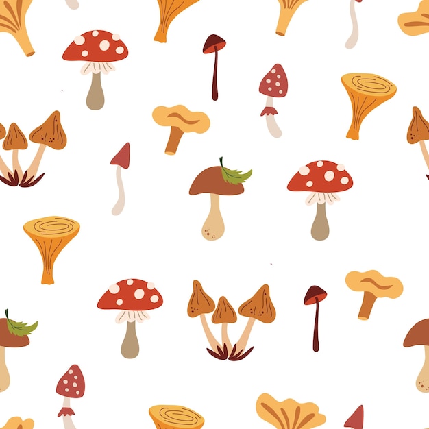 Mushrooms seamless pattern Forest background Autumn harvest healthy food Perfect for printing textiles wrapping paper Vector illustrations