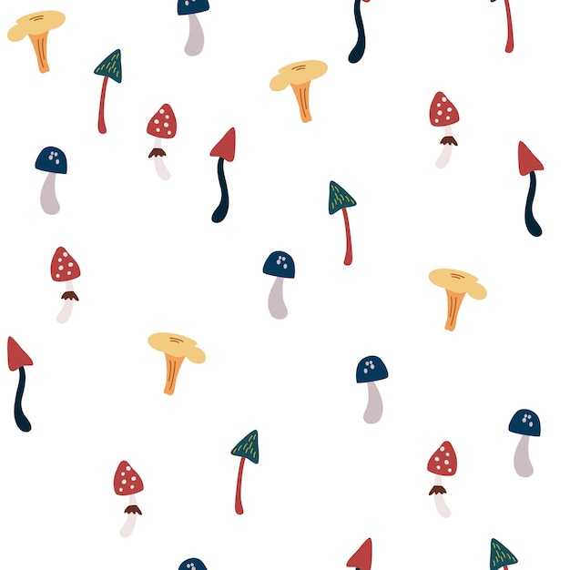 Mushrooms seamless pattern Forest plants elements Wild botanical set Scandinavian style Vector background for fabric textile apparel wallpaper