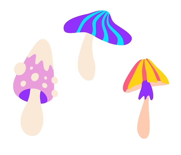 Mushrooms set Collection of colorful hallucinogenic mushrooms Perfect for printing textiles wrapping paper Hand drawn vector illustration