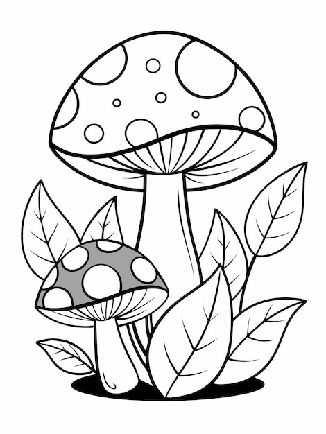 Vector mushrooms with leaves and flower colouring book pages for children and adults with vector design