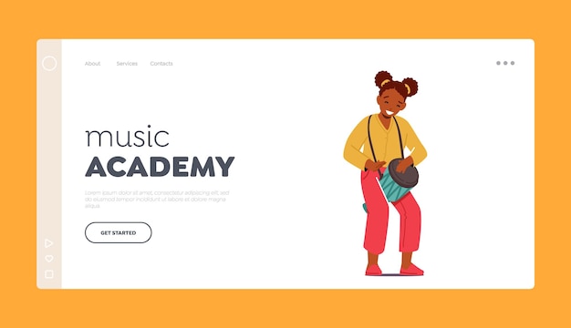 Music Academy Landing Page Template Little African Girl Playing Drums Percussion Instruments Talented Artist Perform Popular Composition Having Fun Recreation Hobby Cartoon Vector Illustration