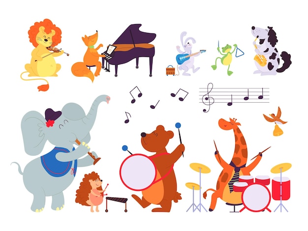 Music animals. Musician play instruments, forest dwellers with sax tambourine violin drum. Cartoon lion fox bunny vector. Illustration elephant and lion, fox and giraffe, pianist and rhythm bass