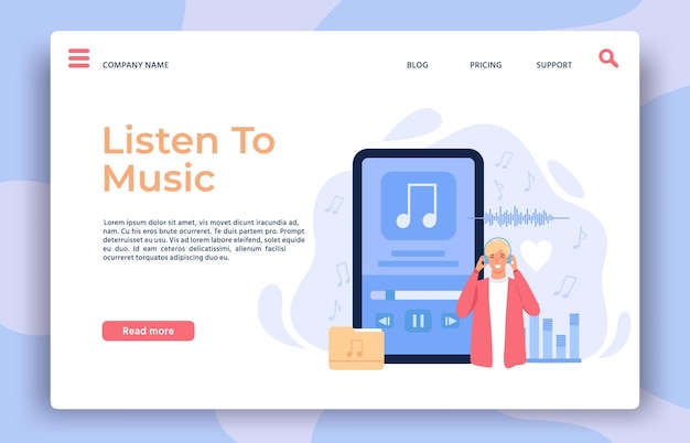 Music app landing page. Man with headphones listening playlist, songs or radio podcast on mobile phone, online audio player vector concept. App online music, application to listen podcast illustration