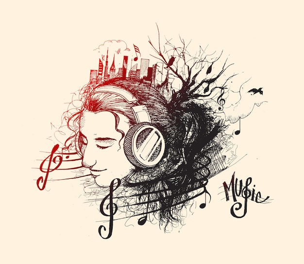 Music background Girl Listens to Music Cartoon illustration