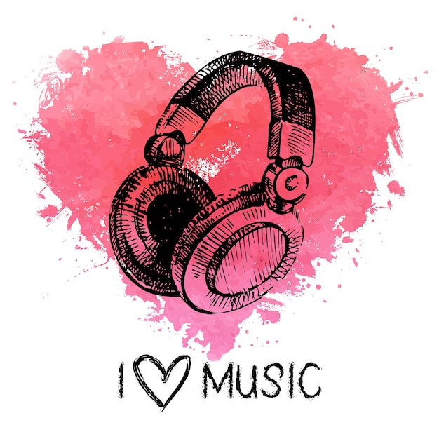 Music background with splash watercolor heart and sketch headphones. Hand drawn illustration