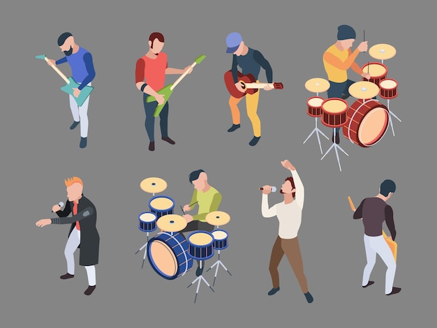 Music band. Isometric characters musicians singers with microphone rock band music instruments vector people illustrations. Character musical band, music rock isometric