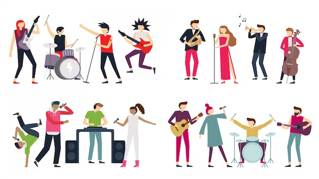 Vector music band. jazz blues, punk rock and indie pop bands. metal guitarist, drummer and rap singer isolated musicians set